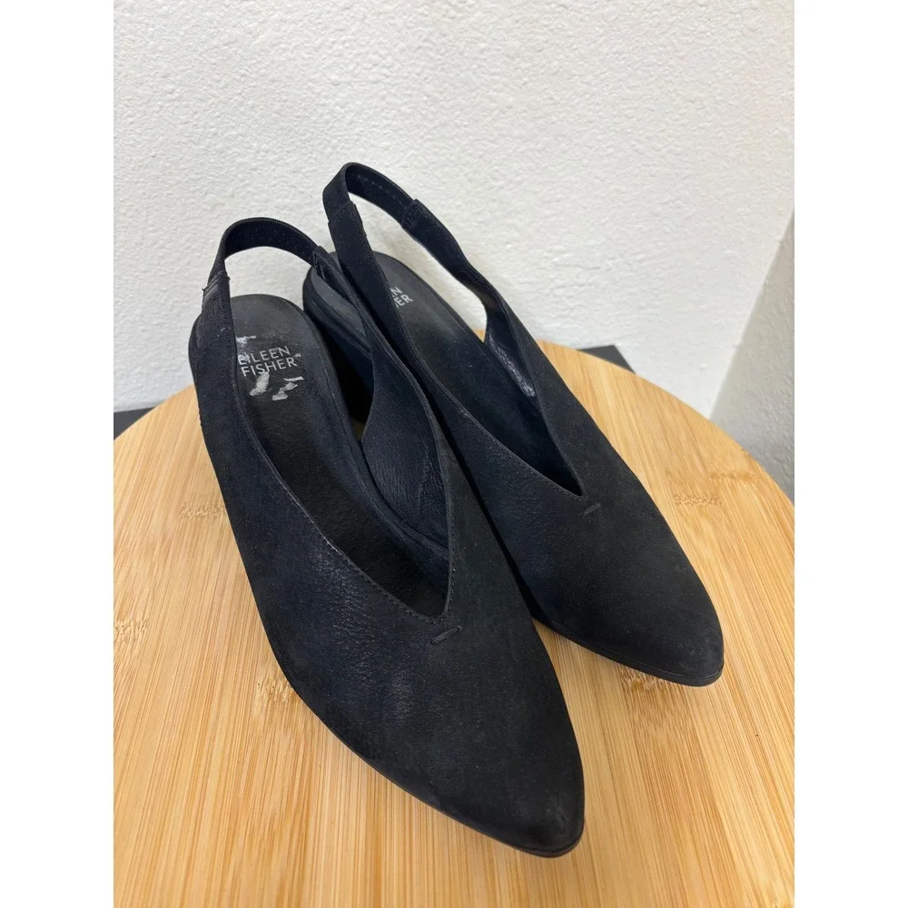 Eileen Fisher Wedges 8 Slingback Black Nubuck Pointed Toe V-Neck Pumps